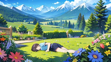 lie down on the ground and watch，garden，with small flowers as the foreground，there are mountains