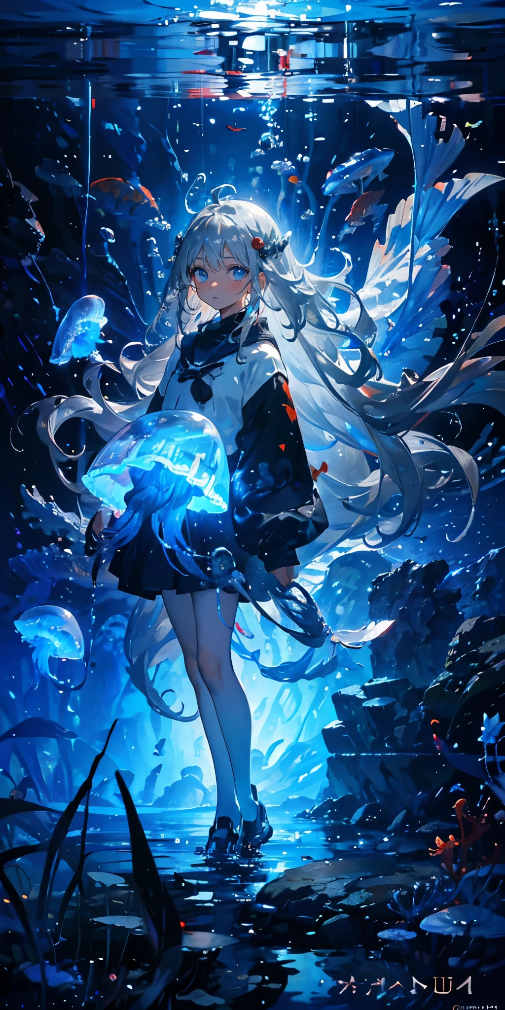 (muste piece), (best quality), very detailed, 1 girl, Solo Full Body Shot, perfect face, beautiful girl, very detailed顔，(long gray hair:1.5)，(blue eyes:1.4)，(float:1.4)，(in water:1.4)，seabed，bubble，School of small fish，Light，jellyfish，seaweed，Red fish，Yellow fish，deep sea，fantasy