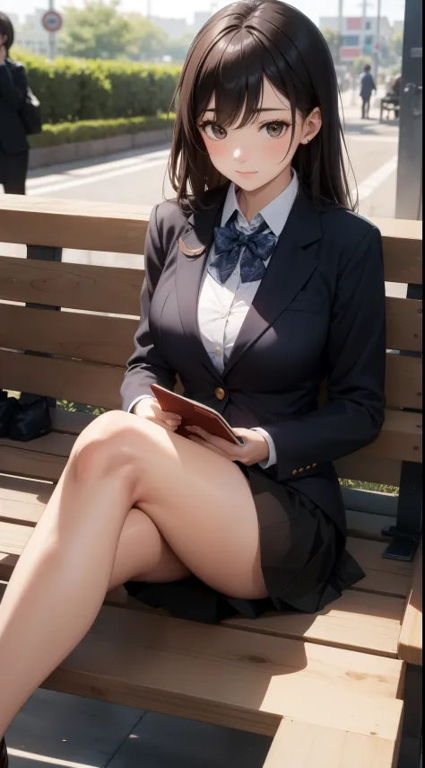 A lovely 35-year-old lady wearing a business suit and tight skirt is sitting on a horizontal wooden bench at the station, reading a book.