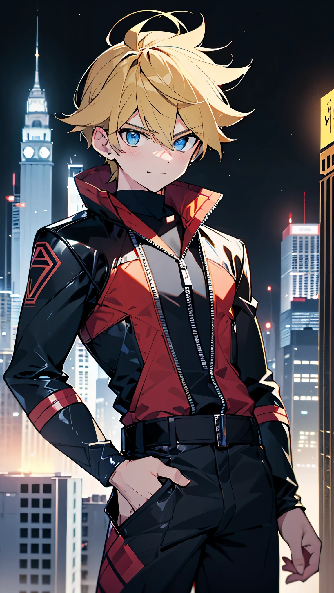 highres,wallpaper,solo,,1 boy,original,illustration,blue eyes,yellow hair,masterpiece,male,male focus,boy, ((masterpiece)),(((best quality))), (high-quality, breathtaking), (expressive eyes, perfect face), 1boy, solo, male, short,, on top of building, night sky, dark, buildings, wear short shorts, smirk，black zentai:1.2,bulge,power ranger:1.3,sentai,black ranger, black combatant,erect under pants