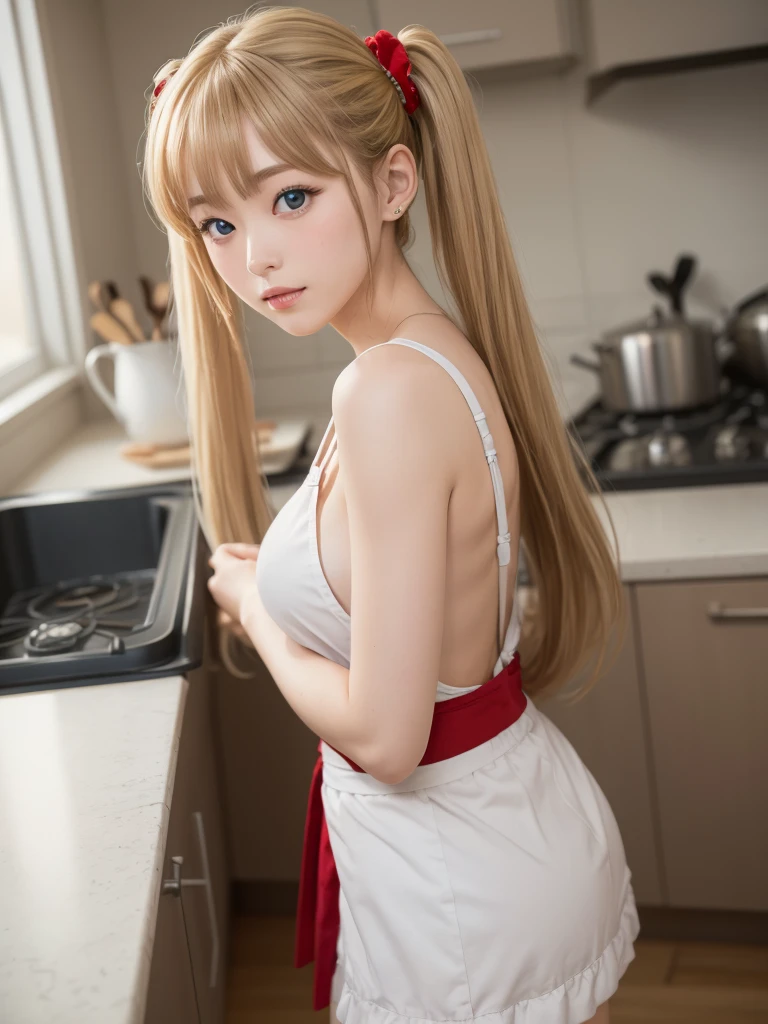 (8K、Raw photography、top-quality、​masterpiece:1.2)、(realisitic、Photorealsitic:1.37)、ultra-detailliert、超A high resolution、1girl, 25yo, akizuki airi, blueskye eyes, blonde_hair, twintails, very_long_hair, she is wearing it in her hair_ornament red, hair_scrunchie red, medium_breasts, akizuki airi, blueskye eyes,blonde_hair, twintails, very_long_hair, she is wearing it in her hair_ornament red, hair_scrunchie red, medium_breasts, She is naked with an apron, kitchen, table, chairs, ranking: explicit,