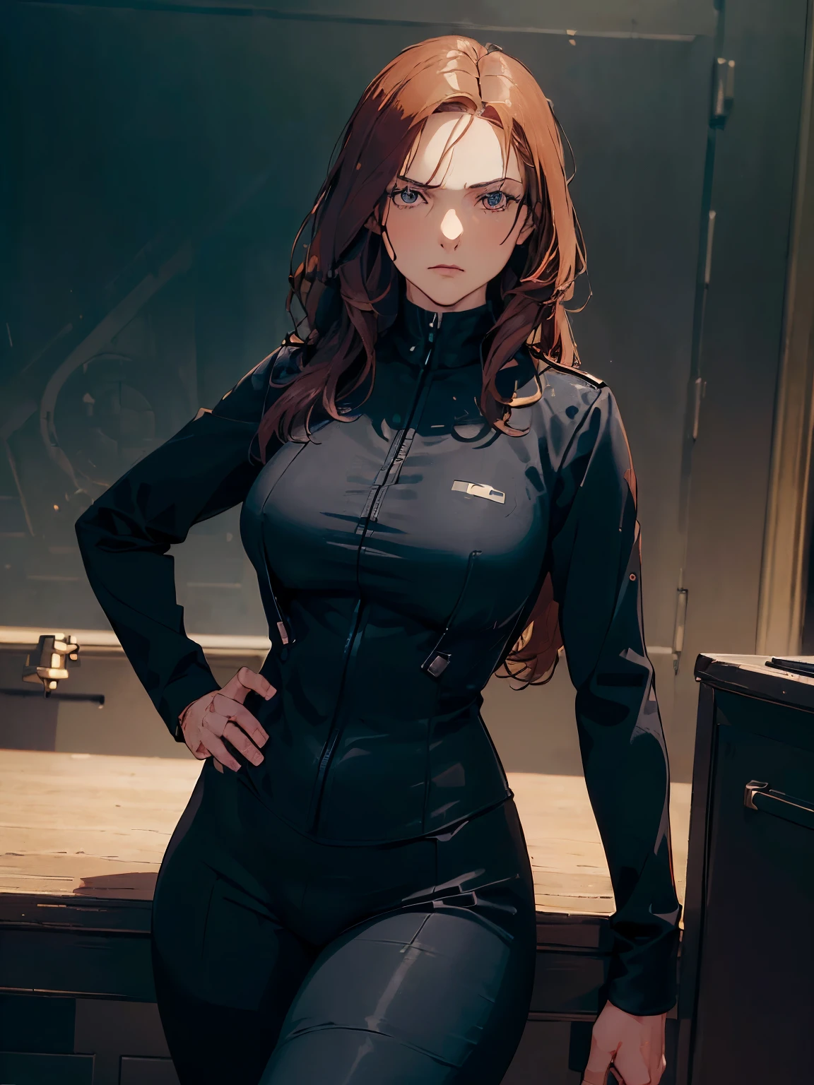 ((( masterpiece ))) ((( background : secret service : high tech equipment : spy room ))) ((( character : Rebecca : fit body : long smart hair : black skintight spy suit : standing discipline : serious : arm crossed)))