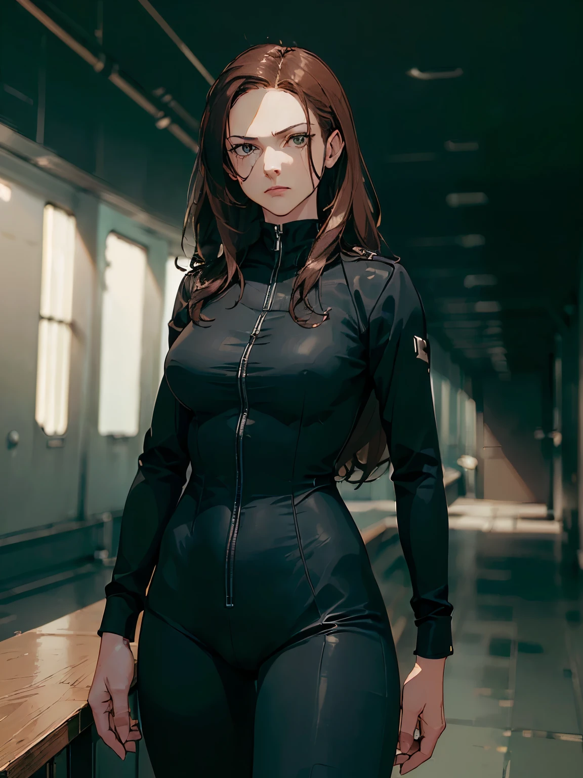 ((( masterpiece ))) ((( background : secret service : high tech equipment : spy room ))) ((( character : Rebecca : fit body : long smart hair : skintight spy suit : standing discipline : serious)))