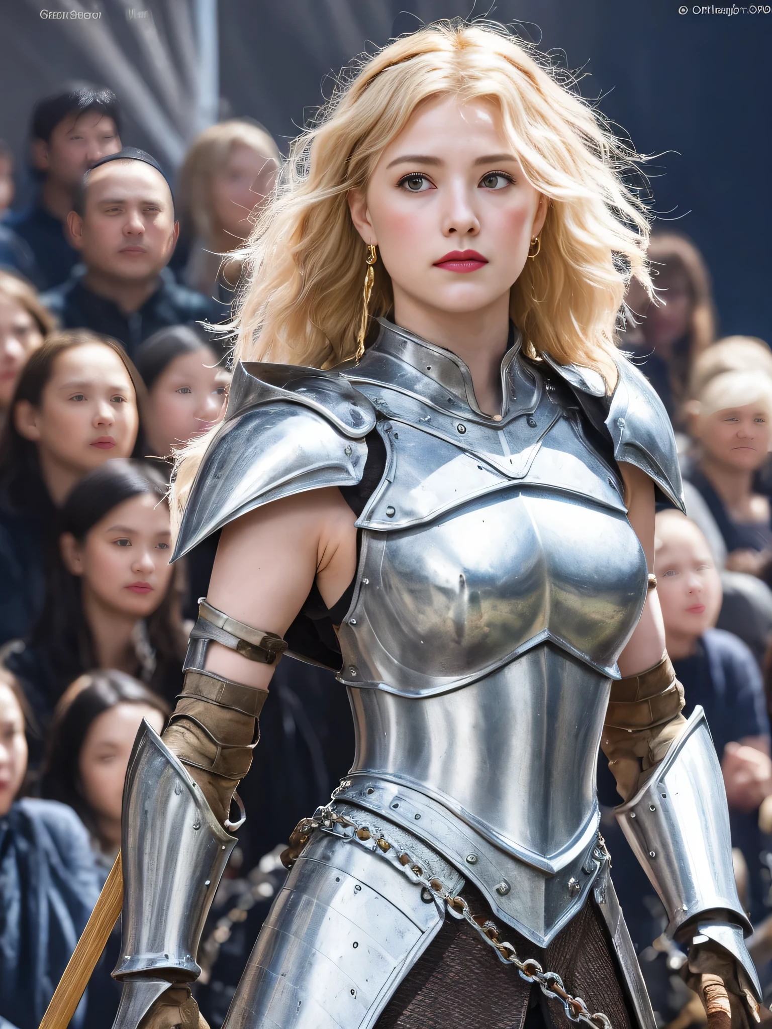 1 girl, Middle Earth Paladin ,wearing armor ,Magic sword and powerful shield, Detail armor, Rusty armor, chain armor, The Queen's Crown, Fight goblins to protect innocent villagers, witch, short, thin, square face, olive skin, Platinum blonde, golden eyes, short Nose, thin Lips, round chin, Shoulder length hair, curls, blunt bangs, soft breasts, Hug earrings, lavender satin lipstick, volcanic wasteland, River of fire flows into molten sea, (close up:1), (look at the audience),8k, (best quality:1.2), (masterpiece:1.37), (photo, photorealistic:1.37), (ultra high resolution), photographed by Canan EOS R6, 135mm, 1/1/2.8, ISO 400