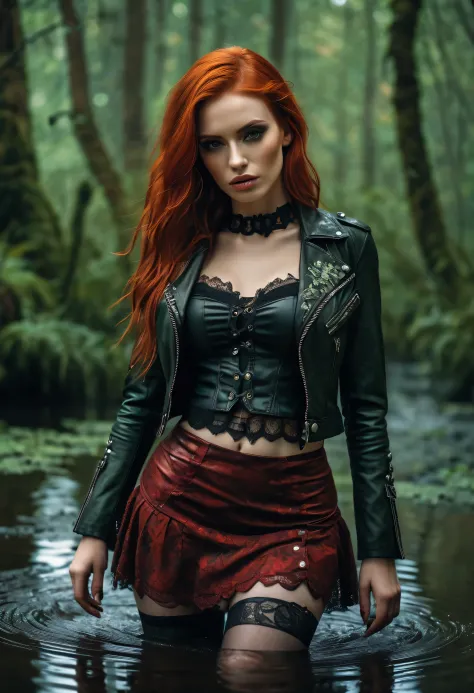 (red-haired tormented by lust woman,woman with red hair,woman with beautiful red hair, shabby+old leather jacket,stockings with ...