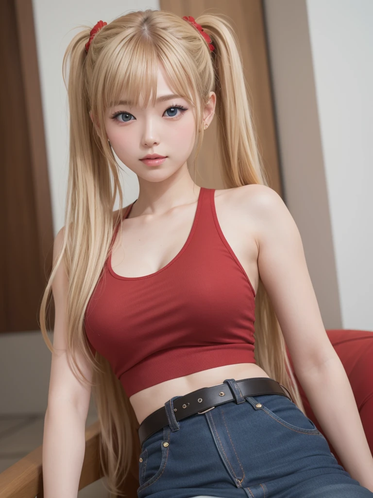 (8K、Raw photography、top-quality、​masterpiece:1.2)、(realisitic、Photorealsitic:1.37)、ultra-detailliert、超A high resolution、1girl, 25yo, akizuki airi, blueskye eyes, blonde_hair, twintails, very_long_hair, she is wearing it in her hair_ornament red, hair_scrunchie red, medium_breasts, akizuki airi, blueskye eyes,blonde_hair, twintails, very_long_hair, she is wearing it in her hair_ornament red, hair_scrunchie red, medium_breasts, She is wearing a tank top, short denim jeans with a red belt, long thigh-high stockings,, ranking: explicit,