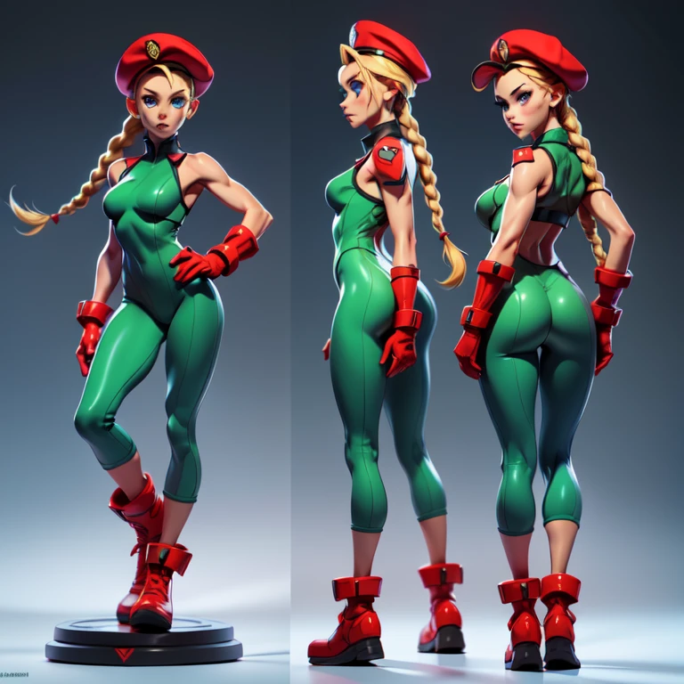 ((chara-sheet)), ((character sheet)), ((front view pose)),((side view pose)), ((back view pose)), turnaround, concept, poses, masterpiece, best quality, highres, 1girl, cammy white, twin braids, long hair, blonde hair, antenna hair, beret, (red headwear:1.3), blue eyes, scar on cheek, green leotard, large breasts, sleeveless, red gloves, fingerless gloves, ranger  long boots, standing, arms at sides, straight-on, simple background