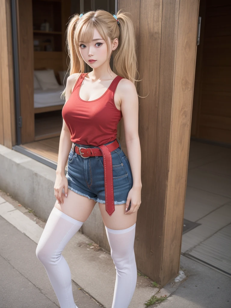 (8K、Raw photography、top-quality、​masterpiece:1.2)、(realisitic、Photorealsitic:1.37)、ultra-detailliert、超A high resolution、1girl, 25yo, akizuki airi, blueskye eyes, blonde_hair, twintails, very_long_hair, she is wearing it in her hair_ornament red, hair_scrunchie red, medium_breasts, akizuki airi, blueskye eyes,blonde_hair, twintails, very_long_hair, she is wearing it in her hair_ornament red, hair_scrunchie red, medium_breasts, She is wearing a white tank top, short jeans with a red belt, long thigh-high stockings, full body, ranking: explicit,
