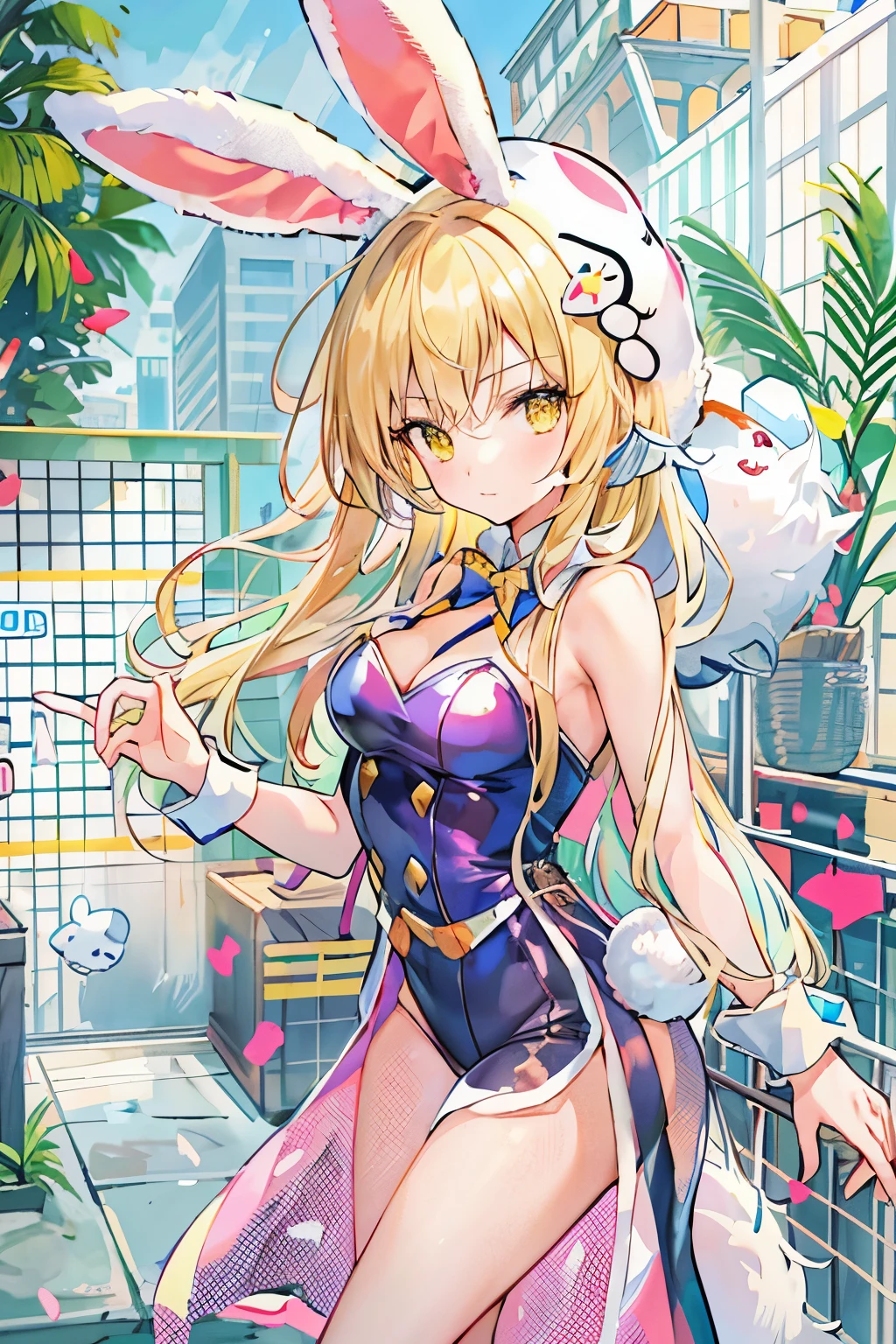 ice, 1 girl, alone, blonde hair, long hair, straight hair, yellow eyes, Sunny, Are standing, bunny costume, playboy bunny, Sexy armpits