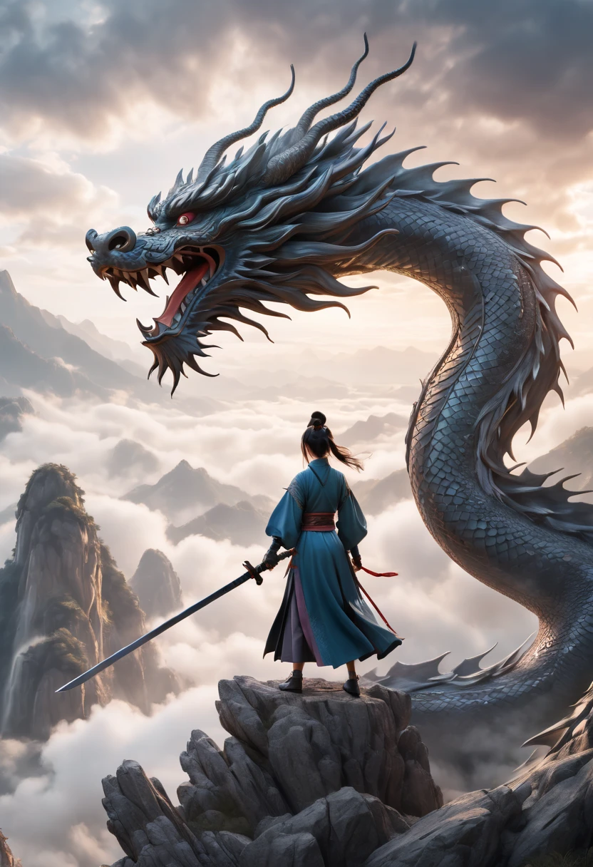 (original photo, best quality), (current, photo-current:1.3), extremely delicate and beautiful, Astonishing, fine details, masterpiece, Super detailed, high resolution,(Best Illustration), (best shadow),Complex,
A beautiful female Taoist priest stands on the misty mountain peak, her right hand raised diagonally, Wielding a long sword,from behind,in front of a Chinese dragon,(dragon:1.4),cloud,storm,Mountain,Sunset,
sharp focus, volumetric Fog, 8k ultra high definition, SLR camera, high quality, (film grain:1.4), Fuji XT3, 