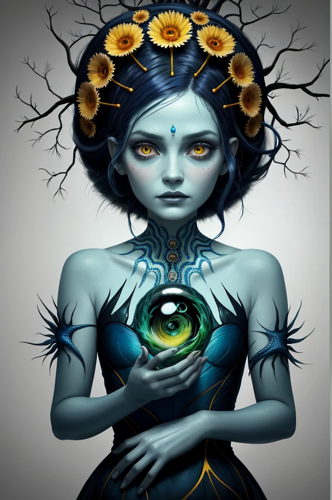 colorpop style, pointy hair, blue skin, natalie shau, mark ryden, alberto seveso, brooke shaden, anna dittmann, flora borsi, yin yang fern, beautiful full body photo with oil painting, with thick brushstrokes and wet paint, fibonacci, golden ratio, melted wax, visible brushstrokes, surrounded by crystal ball, 3D Mosaic wireframe, neural graphics, neurons, tree of life, color, love, passion, oil on canvas, thick brush strokes, crazy details, 8k uhd, masterpiece, art station, surrealism