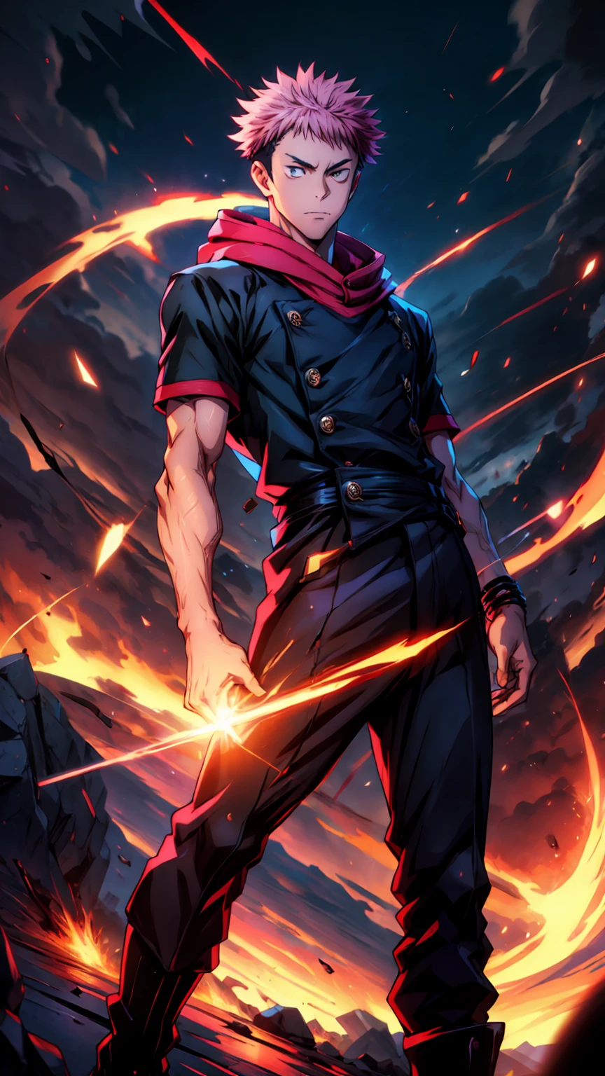 1boy, full body shot, 173 cm, itadori yuuji, black outfit, pink hair, battle pose,  red and dark moon city night background, wallpaper, cinematic,High resolution 8K, Bright light illumination, lens flare, sharpness, masterpiece, top-quality, The ultra -The high-definition, high resolution, extremely details CG, Anime style, Film Portrait Photography,masterpiece,hyperdetail