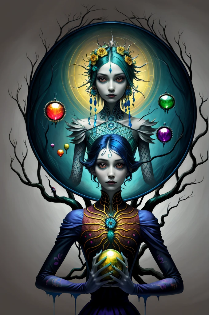 colorpop style, pointy hair, blue skin, natalie shau, mark ryden, alberto seveso, brooke shaden, anna dittmann, flora borsi, yin yang fern, beautiful full body photo with oil painting, with thick brushstrokes and wet paint, fibonacci, golden ratio, melted wax, visible brushstrokes, surrounded by crystal ball, 3D Mosaic wireframe, neural graphics, neurons, tree of life, color, love, passion, oil on canvas, thick brush strokes, crazy details, 8k uhd, masterpiece, art station, surrealism