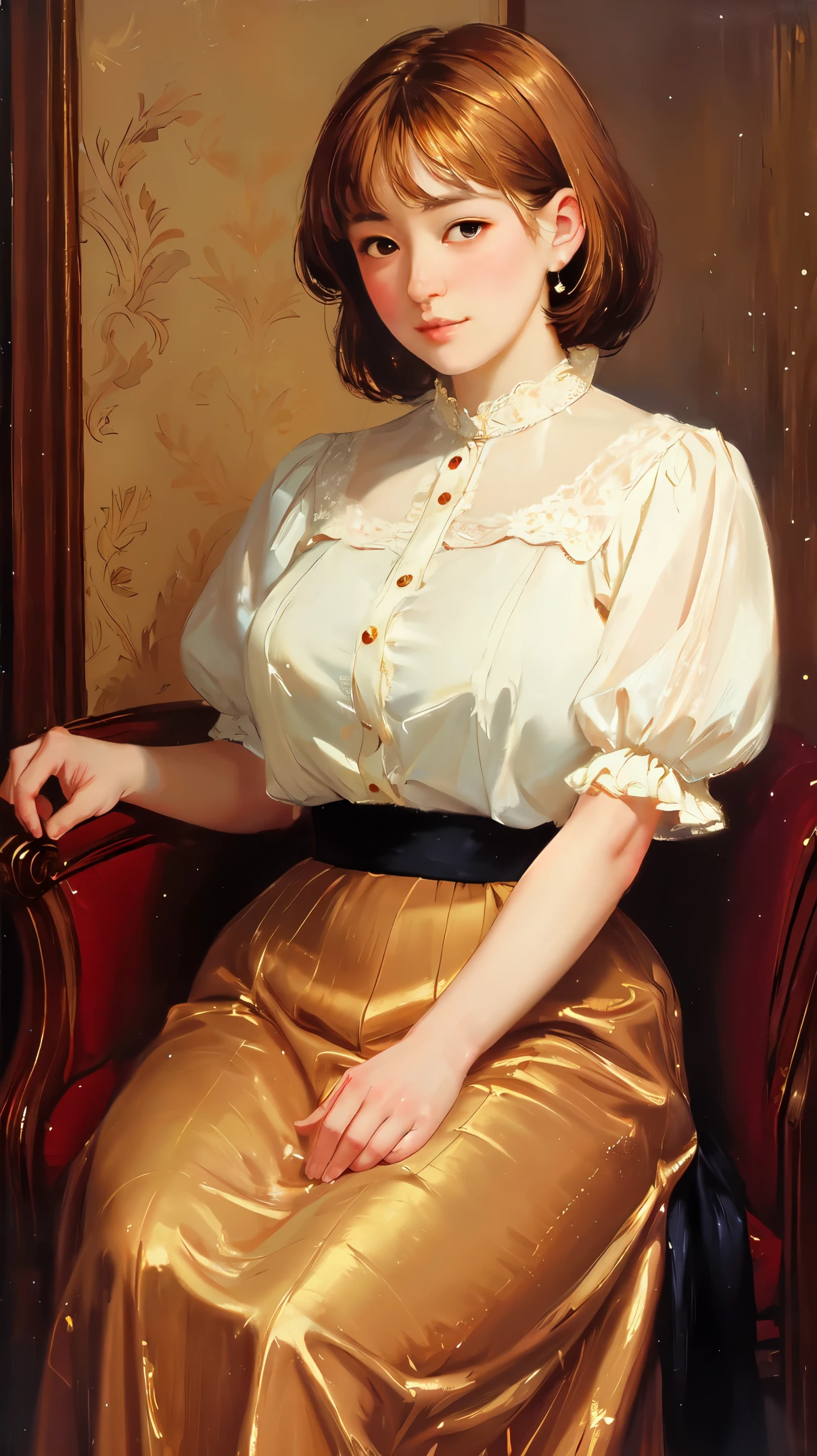 (masterpiece), (realistic), dynamic color, best quality, ultra high res, (sharp focus), beautiful detailed hair detailed face, perfect feminine face, (photorealistic of eliol69), brown hair, bright hair, glowing hair, (farmer woman), wearing british england dress, puffy sleeves, long skirt, jewelry, thick thighs, wide hips, by sakimichan, akira yasuda, george kamitani, WLOP, lens flare, sparkling, light particle, oil on canvas, oil painting, impressionism