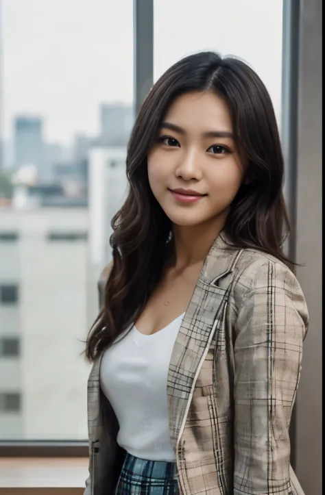 (Full body, upper body), ((Best Quality, 8K, unreal engine, RAW photo)), (Image, Photograph), (Imada Mio:1.0), (Jisoo:0.5), Photos of young Japanese women named Haruka, 27 years old, standing at a modern office, beautiful face, very small chest, long black...