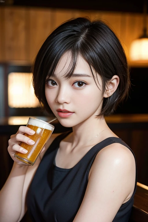 short cut hair,beautiful,K-POP idol,japanese idol,japanese actress,High resolution,beautiful skin,8K,RAW photo,highest quality,masterpiece,realistic,photo-realistic,clear,professional lighting,highest quality,超High resolution,Beer,date at the bar,beer