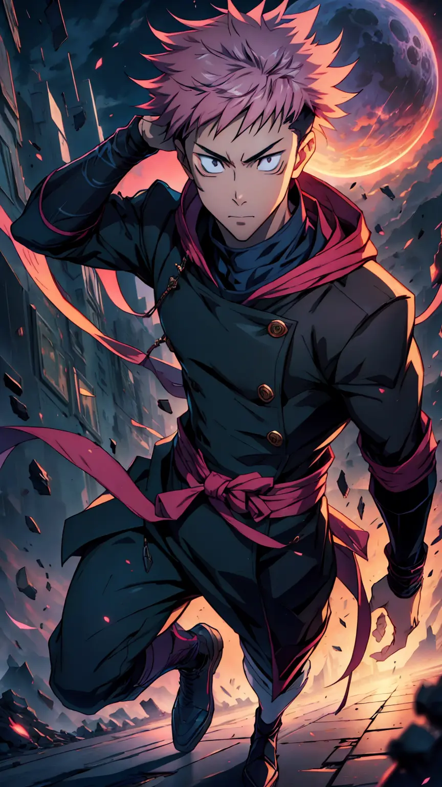 1boy, full body shot, 173 cm, itadori yuuji, black outfit, pink hair, battle pose,  red and dark moon city night background, wal...