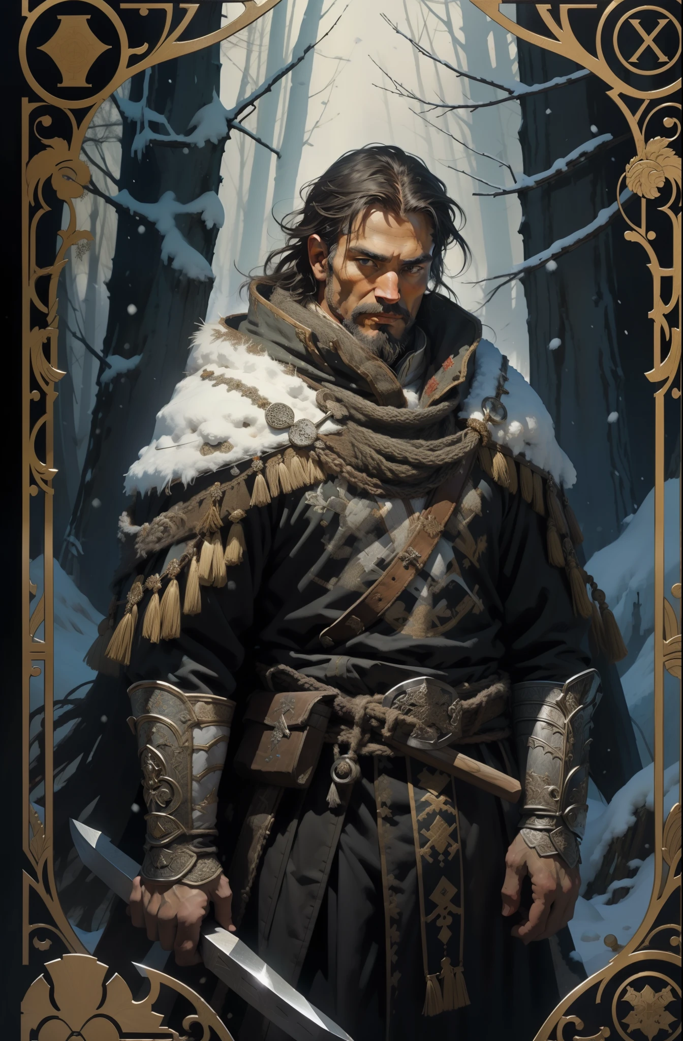 Мужчина, в традиционной одежде народов Севера, с топором в руках, фон снежного леса, Стиль Таро, средневековая узорчатая рамка