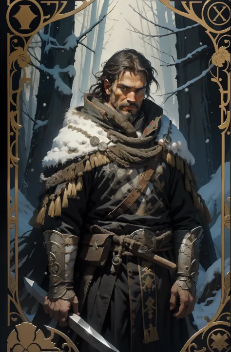 man, in traditional clothes of the peoples of the North, with an axe in his hands, snow forest background, tarot style, medieval...