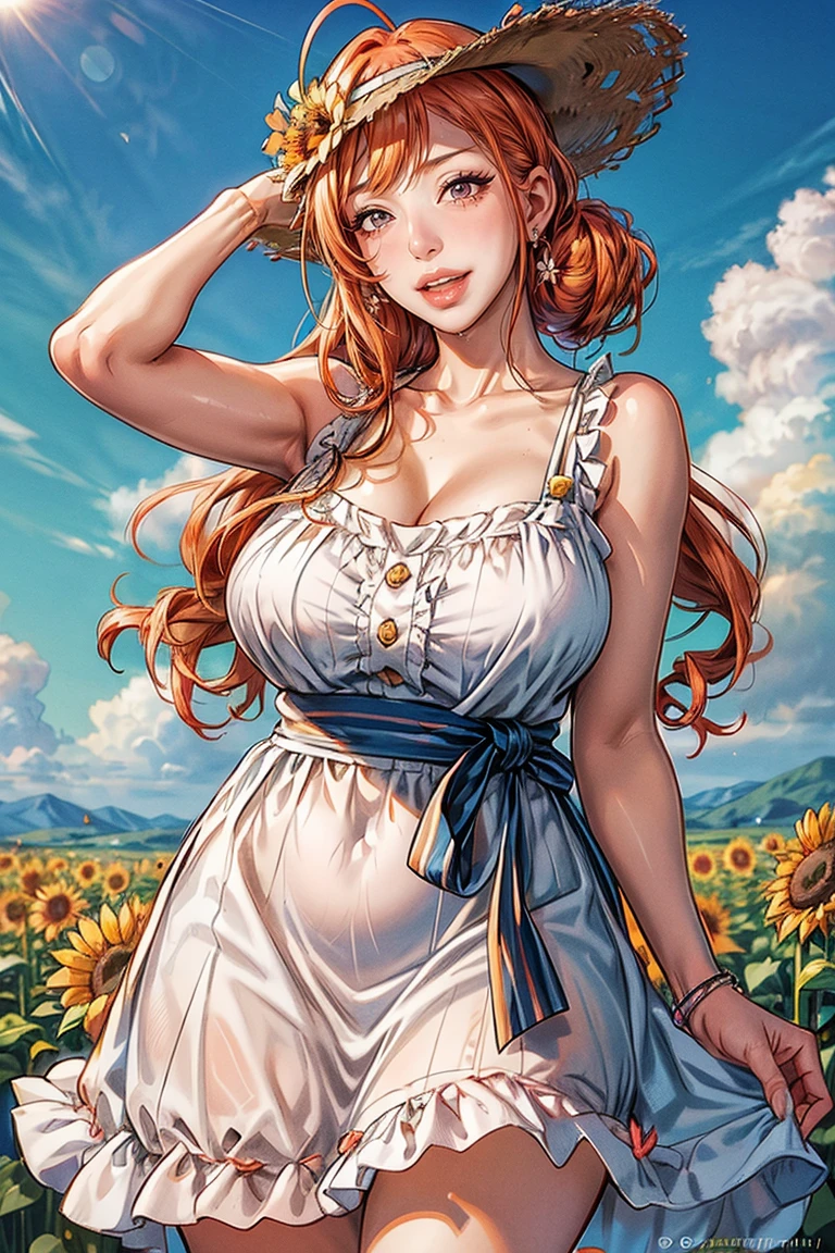 (shoujo-style:1.2), romance manhwa, 1girl, (arisugawa natsuha), hair ornamnet, long hair, orange hair, ahoge, hat, solo, flower, dress, sunflower, outdoors, white dress, smile, long hair, looking at viewer, sky, bangs, breasts, open mouth, cloud, earrings, sundress, day, sun hat, blush, teeth, cleavage, :d, collarbone, jewelry, blue sky, straw hat, sleeveless dress, ribbon, summer, sleeveless, hand on headwear, mature female, MILF, 30yo, bare shoulders, bow, huge breasts, sagging breast,  perfect female body, narrow waist, chubby, plump, BBW, field, yellow flower, hat ribbon, frilled dress, frills, standing, blurry, hat bow