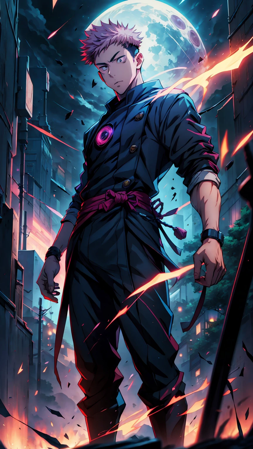 1boy, full body shot, 173 cm, itadori yuuji, black outfit, pink hair, battle pose,  red and dark moon city night background, wallpaper, cinematic,High resolution 8K, Bright light illumination, lens flare, sharpness, masterpiece, top-quality, The ultra -The high-definition, high resolution, extremely details CG, Anime style, Film Portrait Photography,masterpiece,hyperdetail