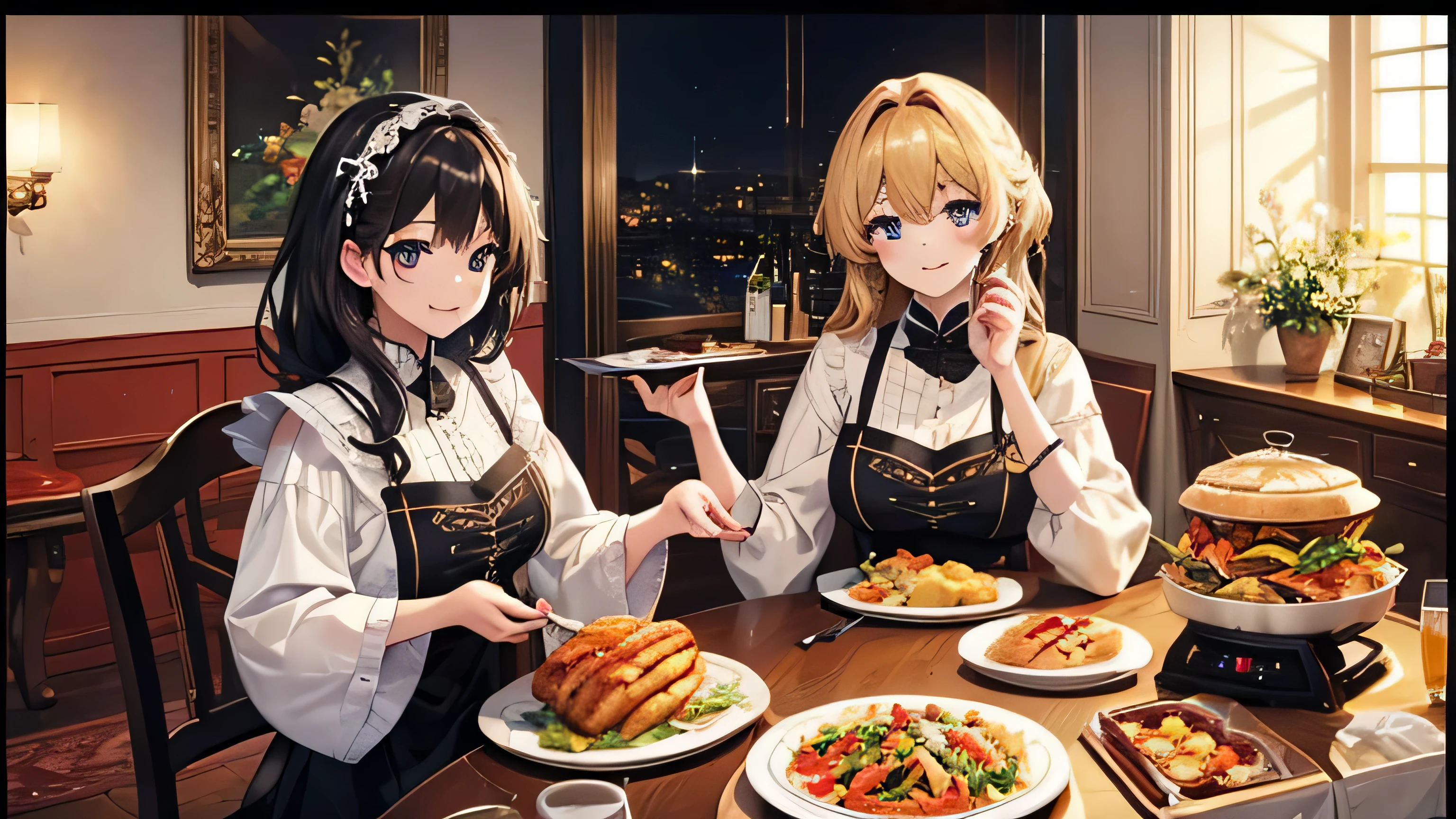 Anime characters sitting at a table with plates of food - SeaArt AI