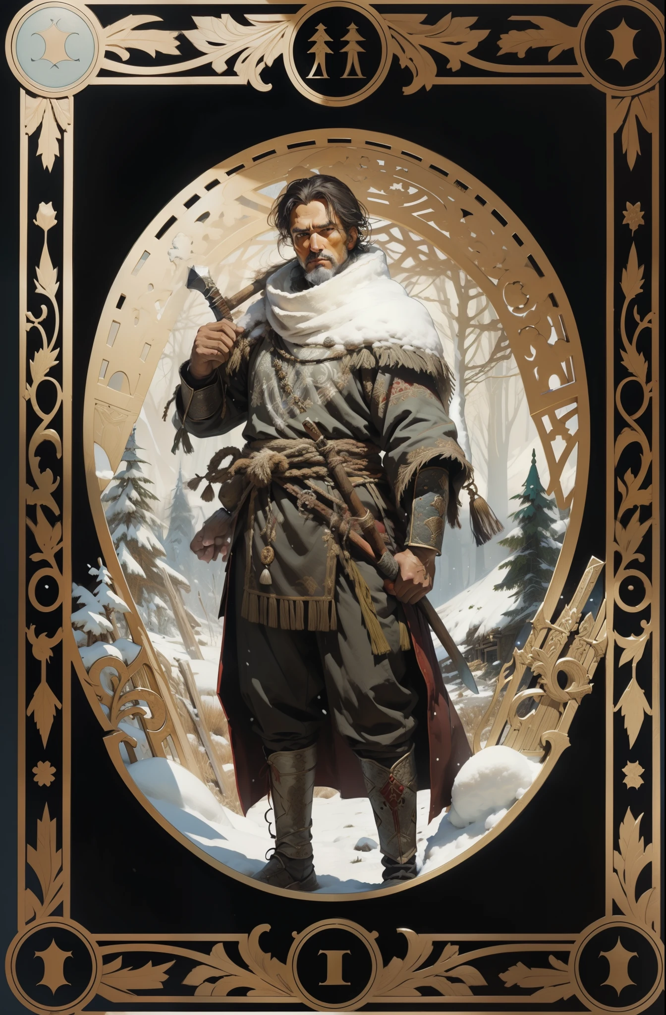 hombre, con ropas tradicionales de los pueblos del norte, con un hacha en sus manos, fondo del bosque nevado, estilo tarot, marco con dibujos medievales