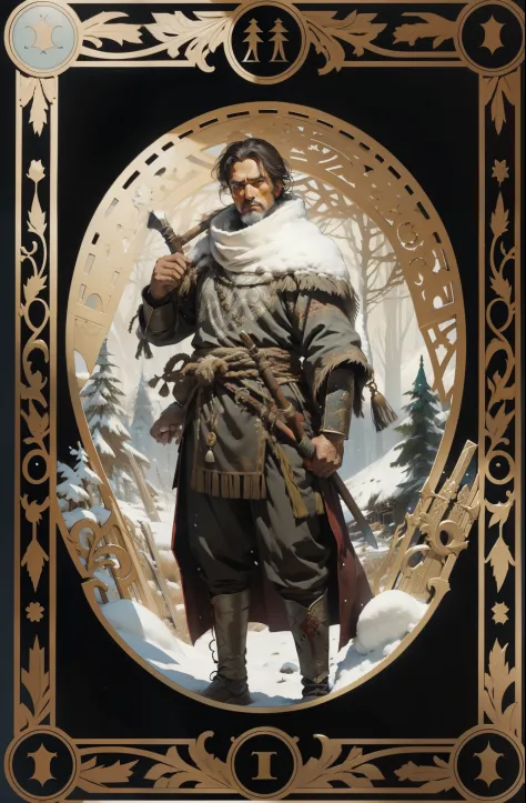 man, in traditional clothes of the peoples of the North, with an axe in his hands, snow forest background, tarot style, medieval...