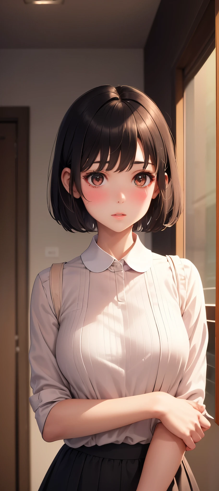 Anime girl with short hair and a white blouse posing for a picture - SeaArt  AI