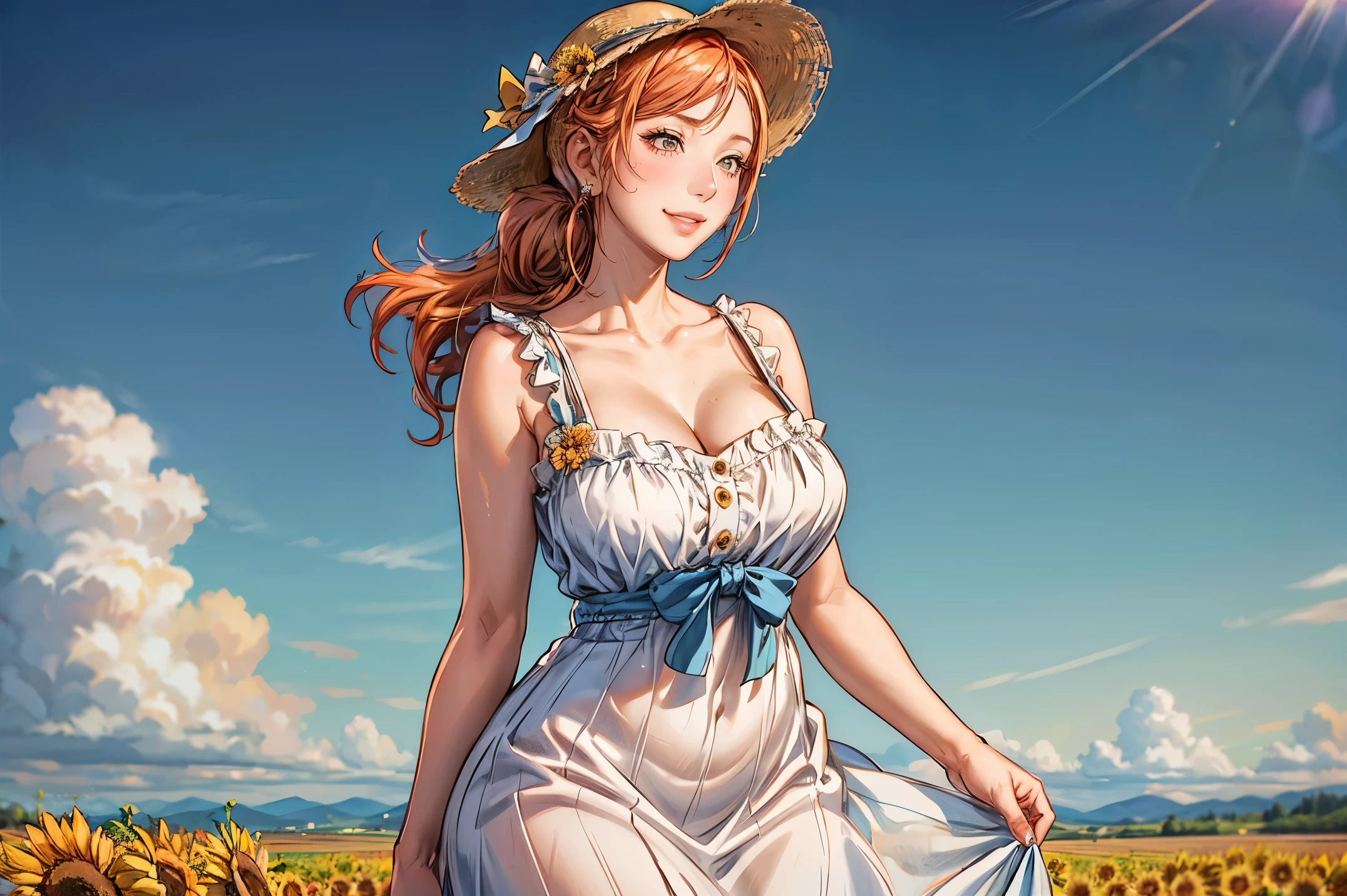 1girl, (arisugawa natsuha), hair ornamnet, long hair, orange hair, hat, solo, flower, dress, sunflower, outdoors, white dress, smile, long hair, looking at viewer, sky, bangs, breasts, closed mouth, smile, cloud, earrings, sundress, day, sun hat, blush, teeth, cleavage, :d, collarbone, jewelry, blue sky, straw hat, sleeveless dress, ribbon, summer, sleeveless, hand on headwear, mature female, MILF, 30yo, bare shoulders, bow, huge breasts, sagging breast,  perfect female body, narrow waist, chubby, plump, BBW, field, sunflower field, yellow flower, hat ribbon, frilled dress, frills, standing, blurry, hat bow