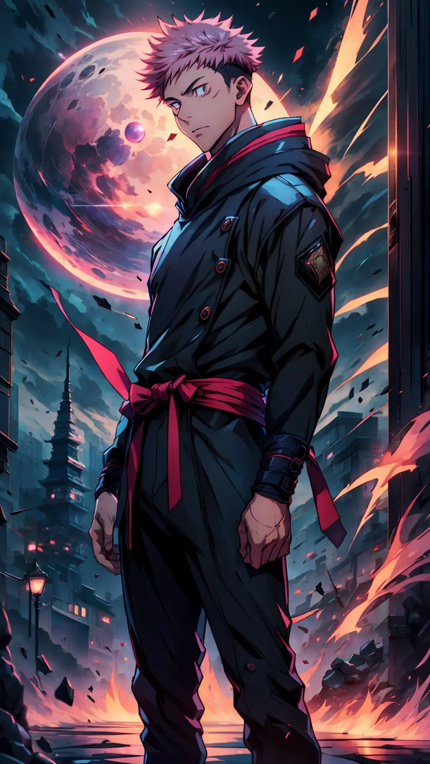 1boy, full body shot, 173 cm, itadori yuuji, black outfit, pink hair, battle pose,  red and dark moon city night background, wal...