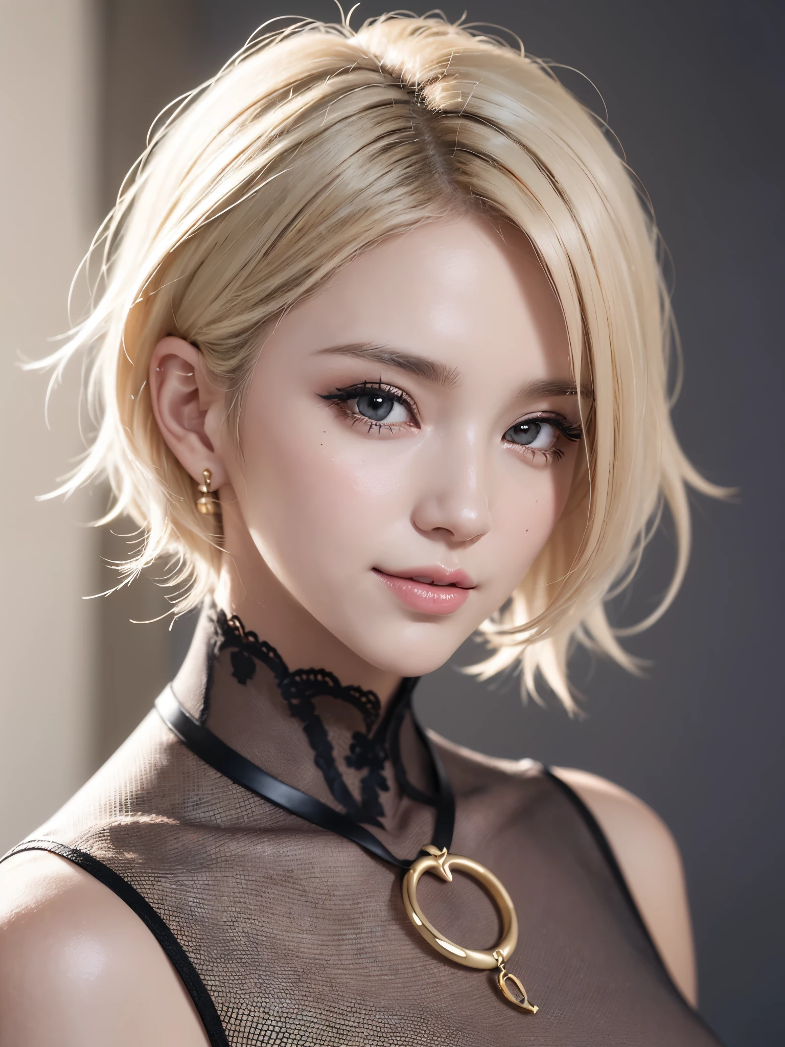 《concept art》。Virtual character design：Heart doctor，Hypnotist，Broadcast host，female，20 years old，white short hair，fluffy hair，Exquisite facial features，Beautiful makeup，Skin details，Smile。((Super realistic details)), illumination, shadow and light, octane rendering, 8k, Super sharp,Metal,complex, Accessories details,