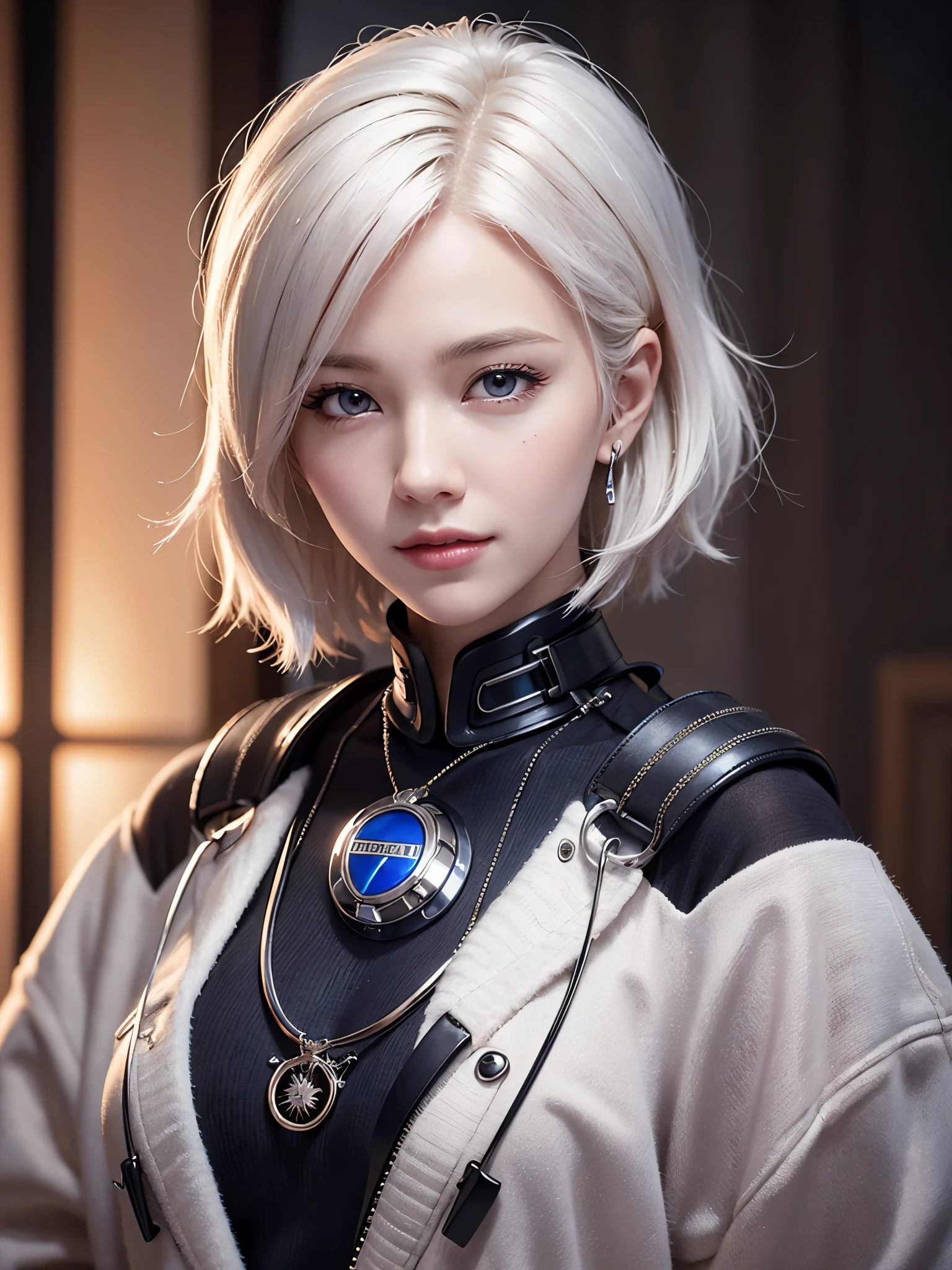 《concept art》。Virtual character design：Heart doctor，Hypnotist，Broadcast host，female，20 years old，white short hair，fluffy hair，Exquisite facial features，Beautiful makeup，Skin details，Smile。((Super realistic details)), illumination, shadow and light, octane rendering, 8k, Super sharp,Metal,complex, Accessories details,