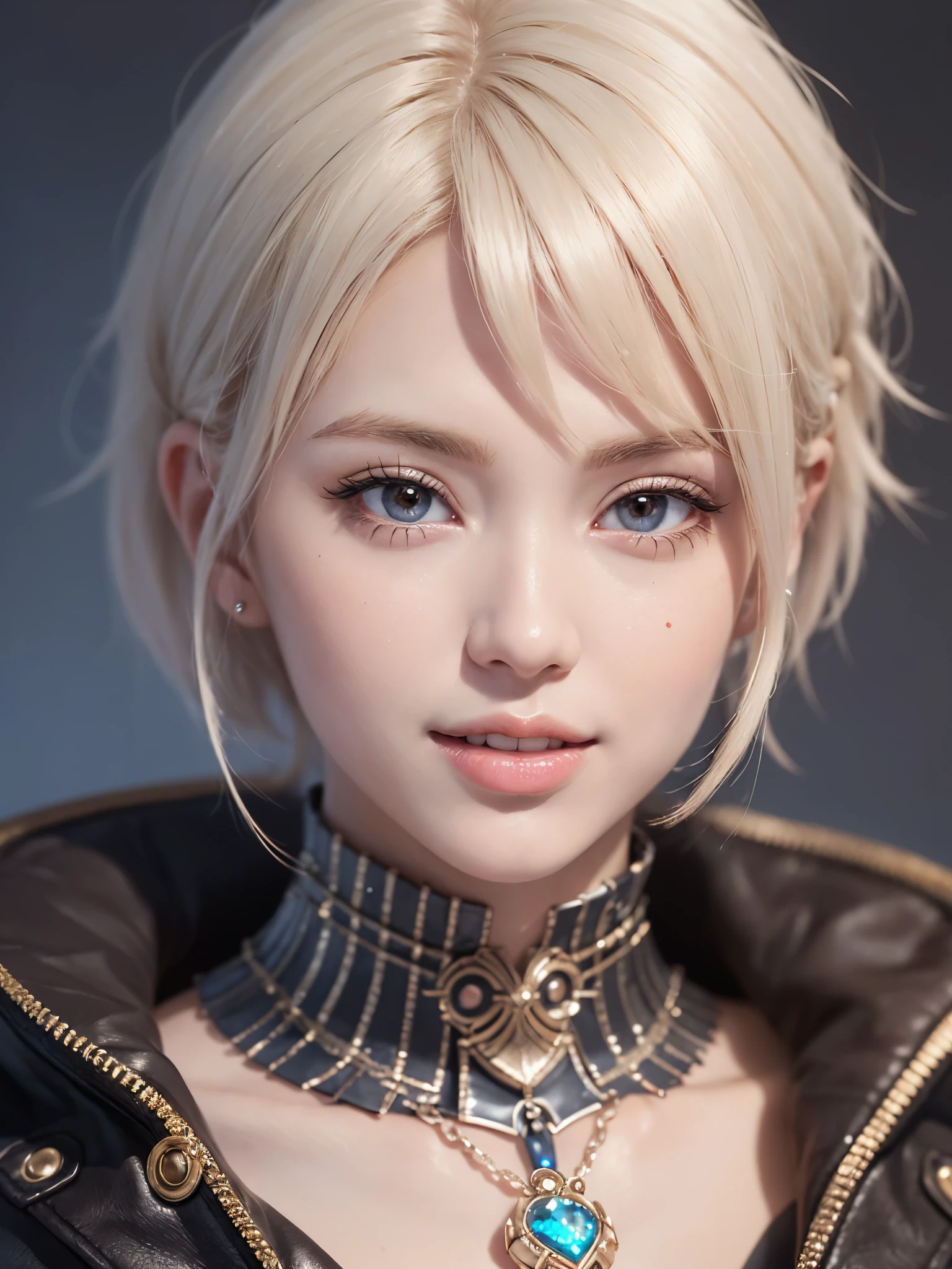 《concept art》。Virtual character design：Heart doctor，Hypnotist，Broadcast host，female，20 years old，white short hair，fluffy hair，Exquisite facial features，Beautiful makeup，Skin details，Smile。((Super realistic details)), illumination, shadow and light, octane rendering, 8k, Super sharp,Metal,complex, Accessories details,