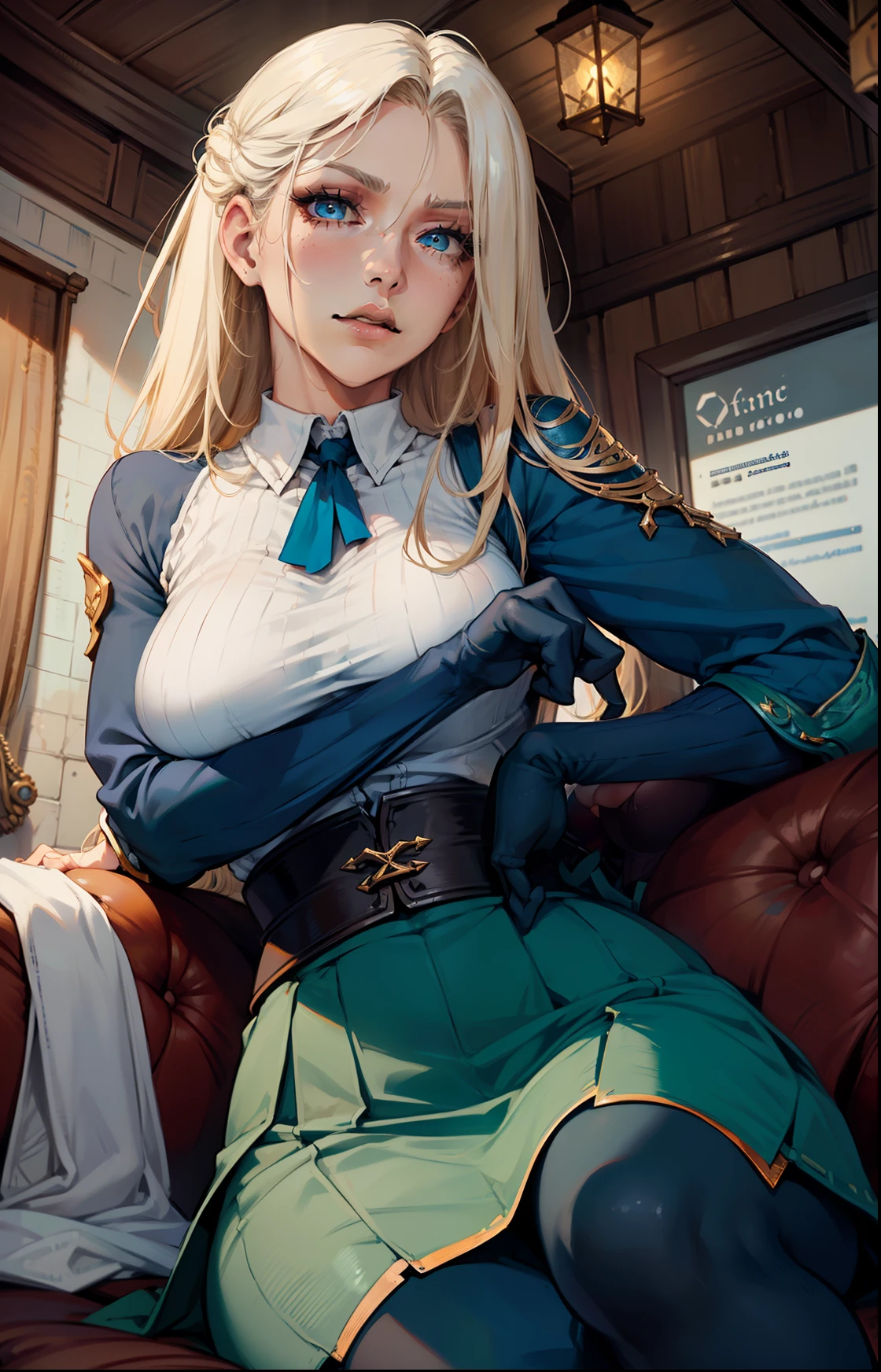 8k,masterpiece, bset quality,big, (1 girl), blue_eyes, blonde hair, long hair, professional lighting, (shiny skin: 1.2), shiny big, ((best quality)), sharp focus: 1.2, highly detailed face and skin texture, detailed eyes, perfect face, perfect body, blur art, cg, background, Big breasts, presence (20yo, mature cool and beautiful face), wearing ((blue skirt), white taut shirt, thigh), blush, (mittgal), random pose, top view, perfect eye, angry face