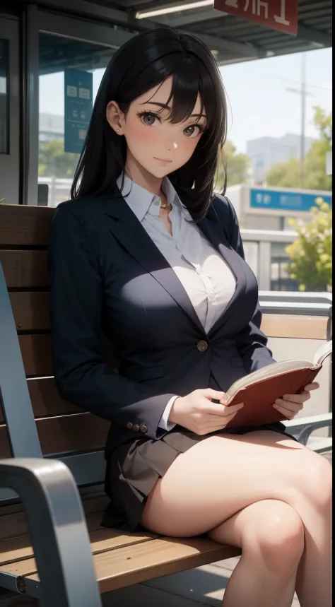 A lovely 35-year-old woman wearing a business suit and tight skirt is sitting on a horizontal wooden bench at the station, reading a book, with her legs crossed.