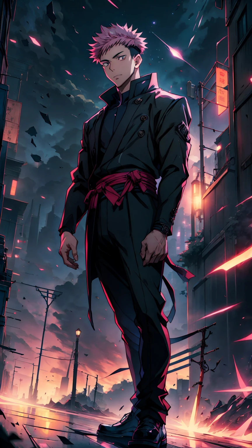 1boy, full body shot, 173 cm, itadori yuuji, black outfit, pink hair, sit,  red and dark moon city night background, wallpaper, cinematic,High resolution 8K, Bright light illumination, lens flare, sharpness, masterpiece, top-quality, The ultra -The high-definition, high resolution, extremely details CG, Anime style, Film Portrait Photography,masterpiece,hyperdetail