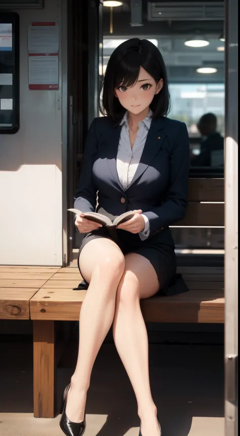 A lovely 35-year-old woman wearing a business suit and tight skirt is sitting on a horizontal wooden bench at the station, reading a book, with her legs crossed.