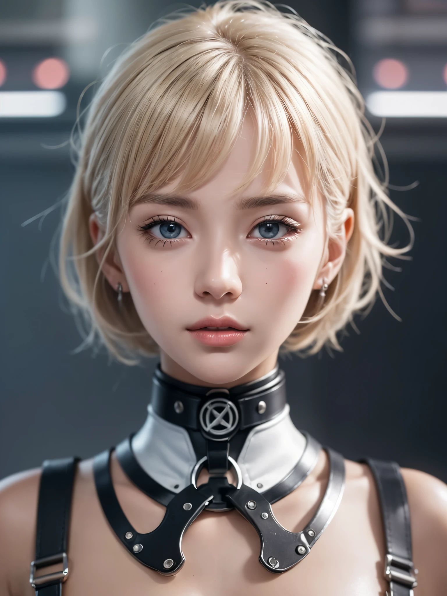 《concept art》。Virtual character design：Heart doctor，Hypnotist，Broadcast host，female，20 years old，white short hair，fluffy hair，Exquisite facial features，Beautiful makeup，Skin details，Smile。((Super realistic details)), illumination, shadow and light, octane rendering, 8k, Super sharp,Metal,complex, Accessories details,