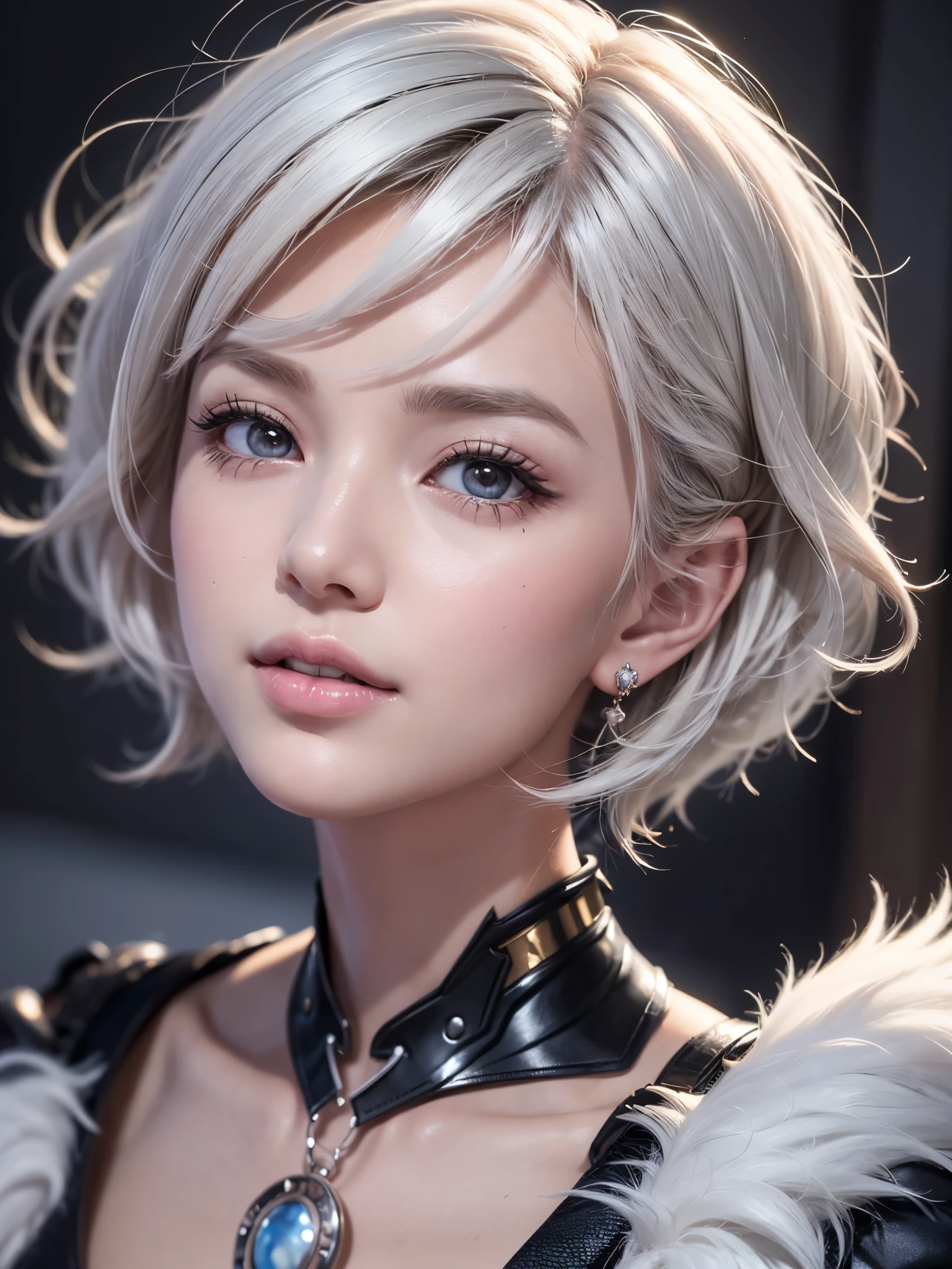 《concept art》。Virtual character design：Heart doctor，Hypnotist，Broadcast host，female，20 years old，white short hair，fluffy hair，Exquisite facial features，Beautiful makeup，Skin details，Smile。((Super realistic details)), illumination, shadow and light, octane rendering, 8k, Super sharp,Metal,complex, Accessories details,