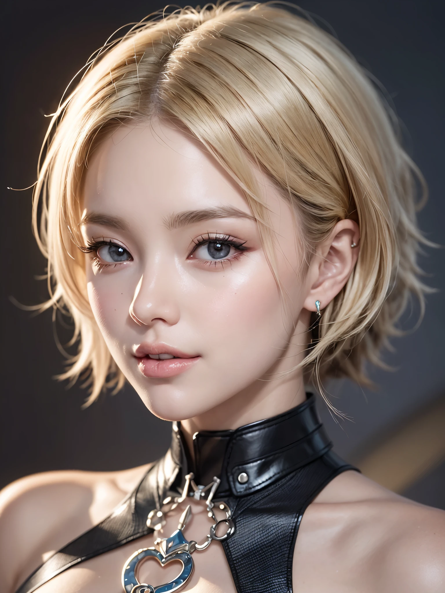 《concept art》。Virtual character design：Heart doctor，Hypnotist，Broadcast host，female，20 years old，white short hair，fluffy hair，Exquisite facial features，Beautiful makeup，Skin details，Smile。((Super realistic details)), illumination, shadow and light, octane rendering, 8k, Super sharp,Metal,complex, Accessories details,