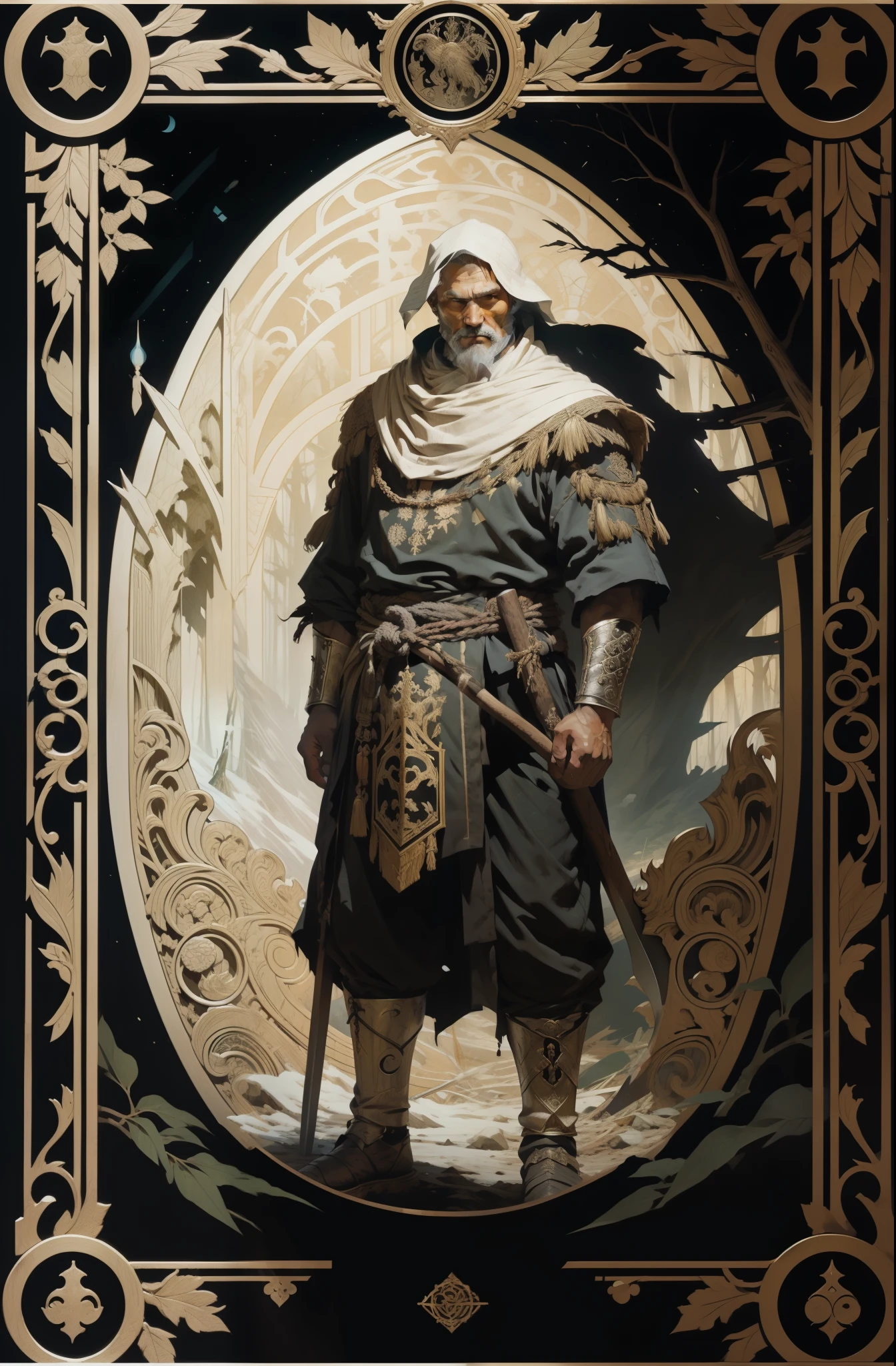 hombre, con ropas tradicionales de los pueblos del norte, con un hacha en sus manos, fondo del bosque oscuro, estilo tarot, marco con dibujos medievales