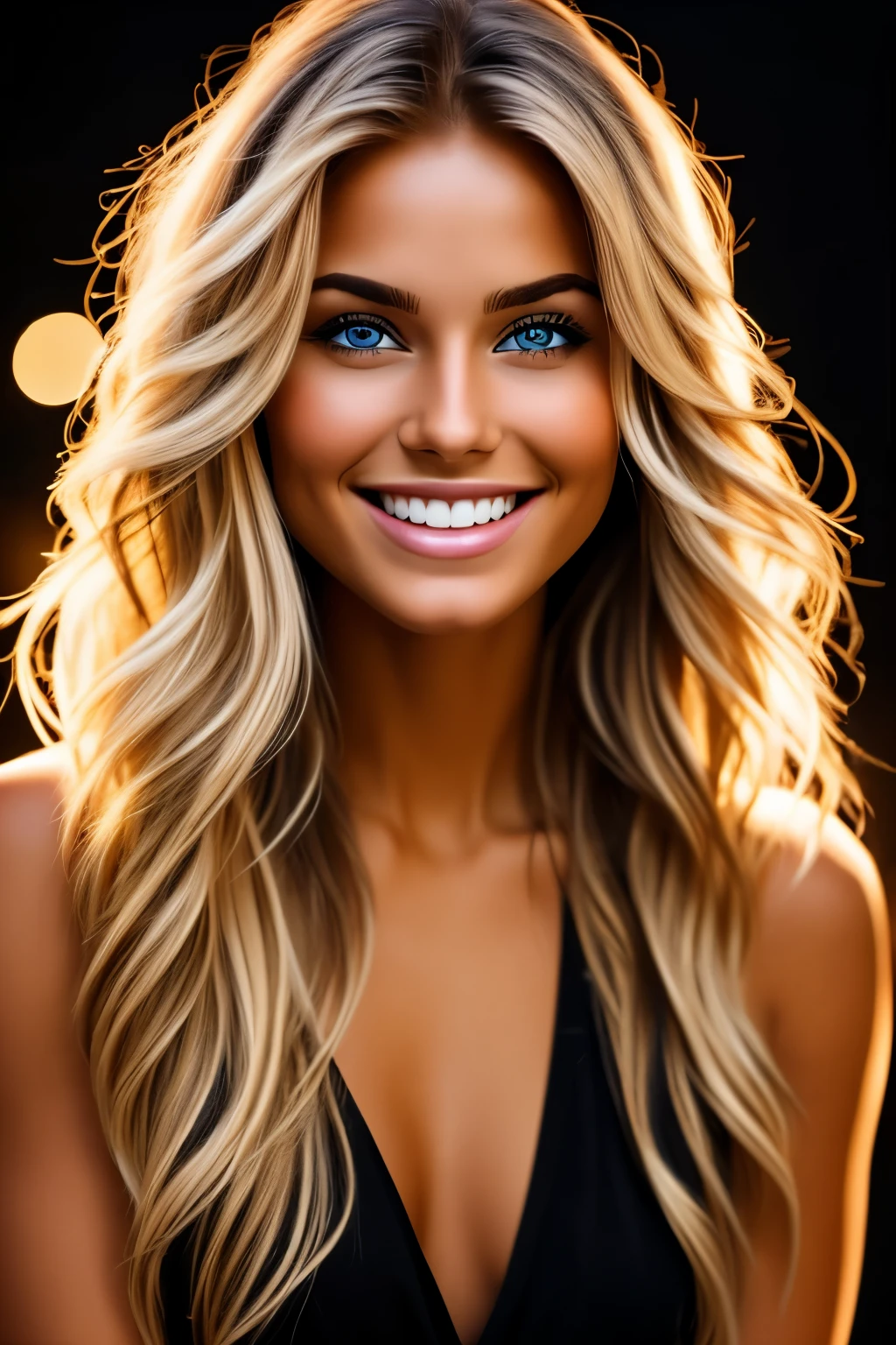 Closeup photo of dark upper body of blonde woman with perfect eyes, smile, dark background