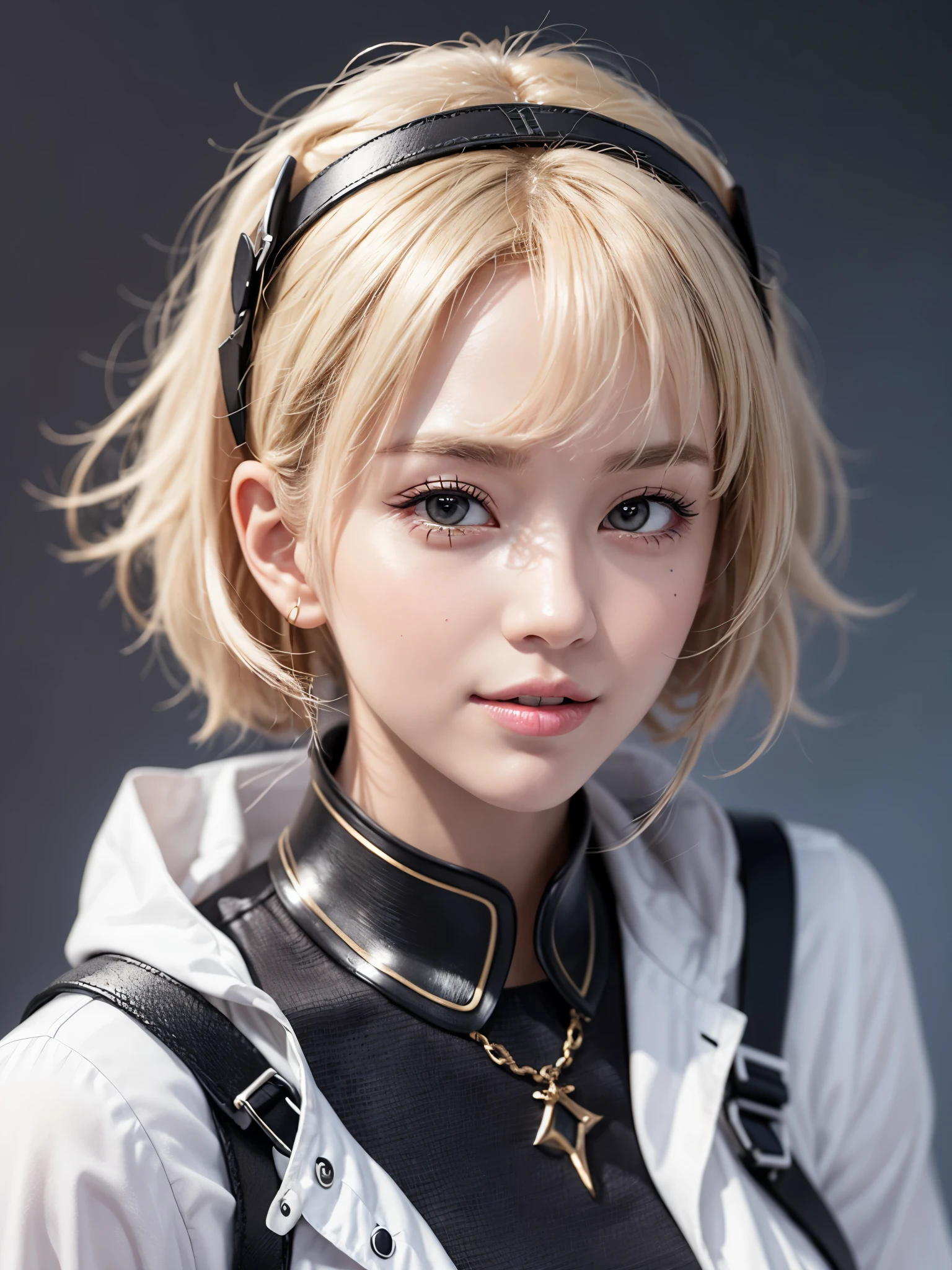 《concept art》。Virtual character design：Heart doctor，Hypnotist，Broadcast host，female，20 years old，white short hair，fluffy hair，Exquisite facial features，Beautiful makeup，Skin details，Smile。((Super realistic details)), illumination, shadow and light, octane rendering, 8k, Super sharp,Metal,complex, Accessories details,