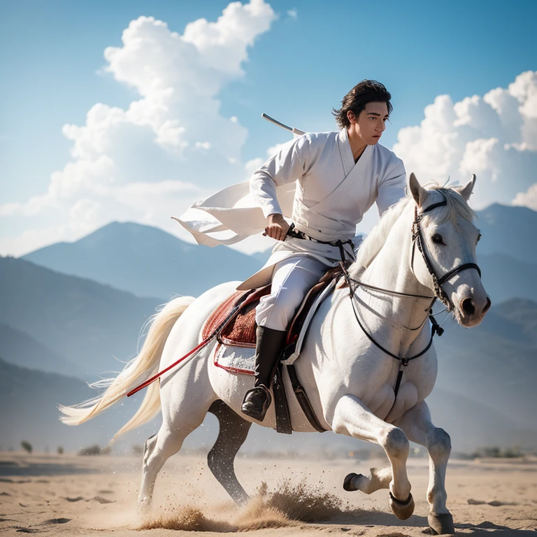 Martial arts，Riding a white horse，The Man in White，male，Asian，Handsome，Charming celebrity face，Knight&#39;s eyes，Sword in hand，Flying sand and rocks，Strong build