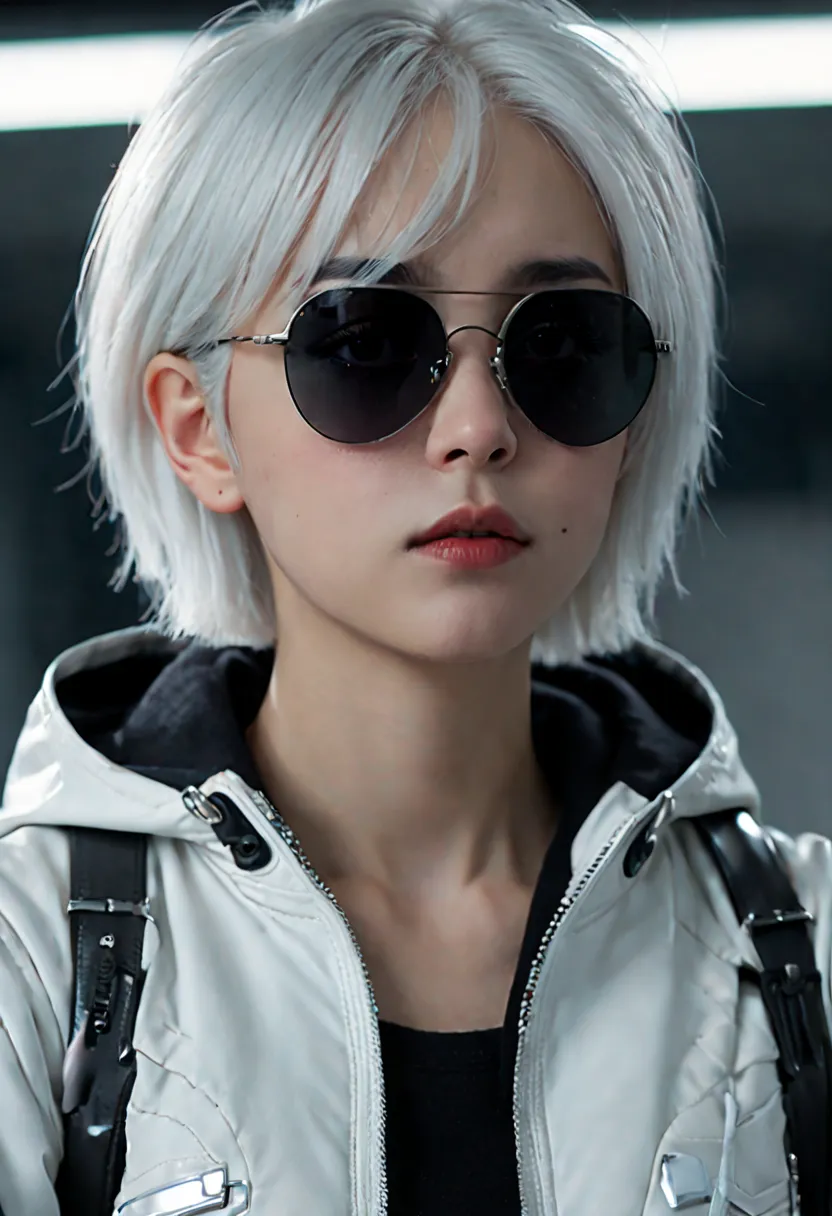 1girl, realistic, sunglasses, white hair, zipper, short hair, nose, looking at viewer, hood, jacket, futuristic glasses, sharp f...