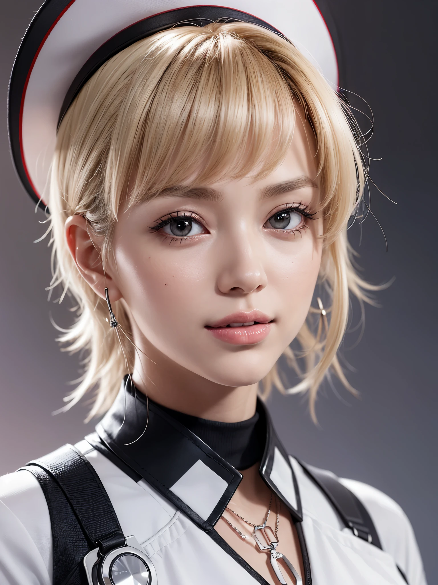 《concept art》。Virtual character design：Heart doctor，Hypnotist，Broadcast host，female，20 years old，white short hair，fluffy hair，Exquisite facial features，Beautiful makeup，Skin details，Smile。((Super realistic details)), illumination, shadow and light, octane rendering, 8k, Super sharp,Metal,complex, Accessories details,