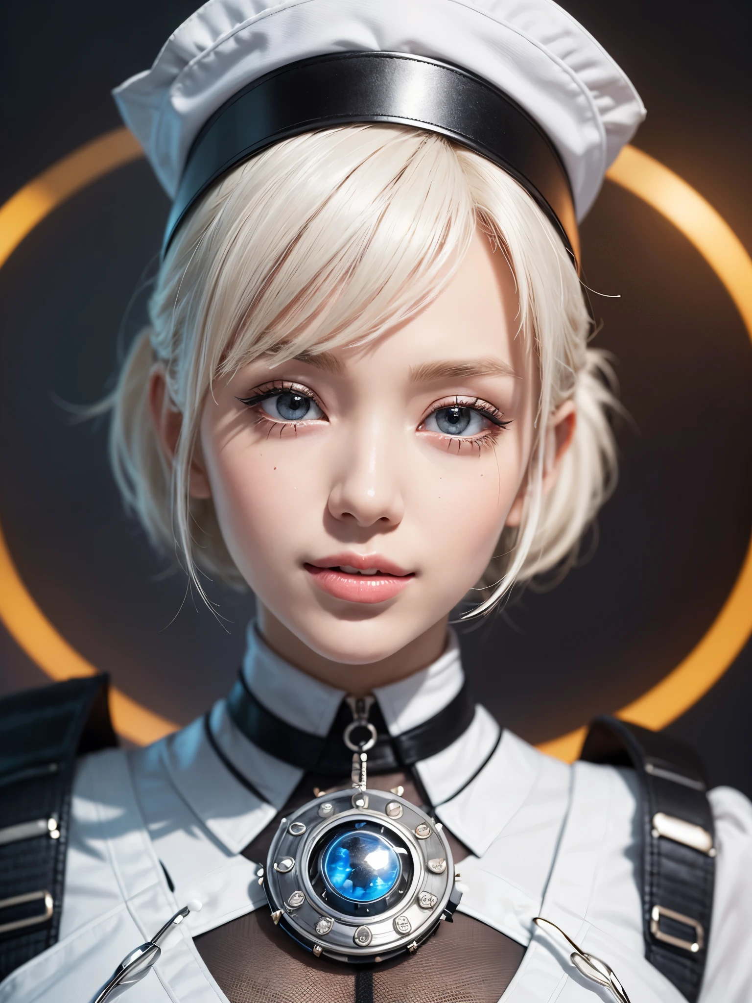 《concept art》。Virtual character design：Heart doctor，Hypnotist，Broadcast host，female，20 years old，white short hair，fluffy hair，Exquisite facial features，Beautiful makeup，Skin details，Smile。((Super realistic details)), illumination, shadow and light, octane rendering, 8k, Super sharp,Metal,complex, Accessories details,