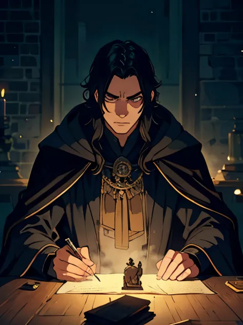 a man, with dark expression, shoulder-length black hair, wizard's robe, black Extremely long robe, wizard, old English magical c...