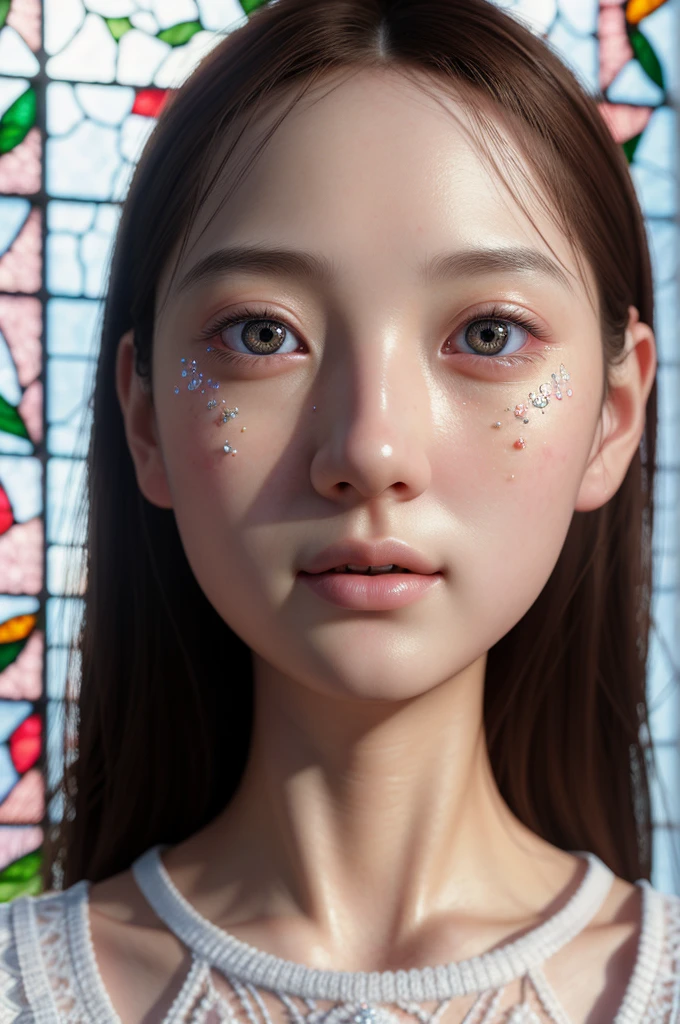 SFW, concept art, Tiny junior idol, Delicate lace knitted white clothes, (nipple:-0.9), face closeup, (Dazzling stained glass Background), (((Renbutsu Misako), colorful Light shines through delicate stained glass:1.2, vivid red colors, lense Particle, lens flare, light Particle, Dazzling Halo, Acutance:0.8)). (masterpiece:1.2),(ultra-detailed:1.37),(realistic,photorealistic,photo-realistic:1.37), (Extremely detailed KAWAII face variations, innocent expression variations), rosy cheeks, intricate detailed eyes with sparkling highlights, long eyelashes with volume, subtle blush on the face. Mystic sight, haze, impeccable skin texture, captivating gaze, ((Dynamic-angle, physically-based rendering)), whole Body proportions and all limbs are anatomically accurate .